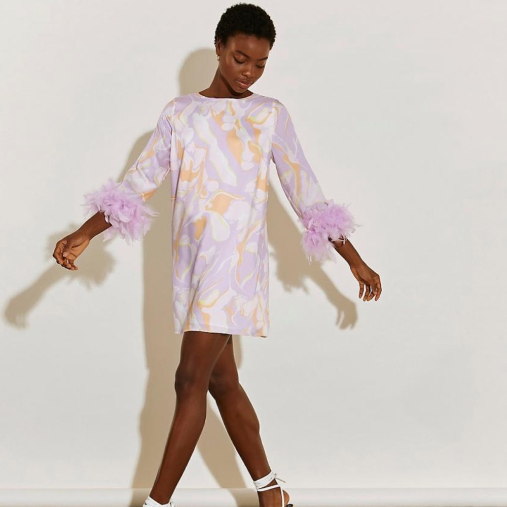 River Island Pink marble print feather cuff shift dress